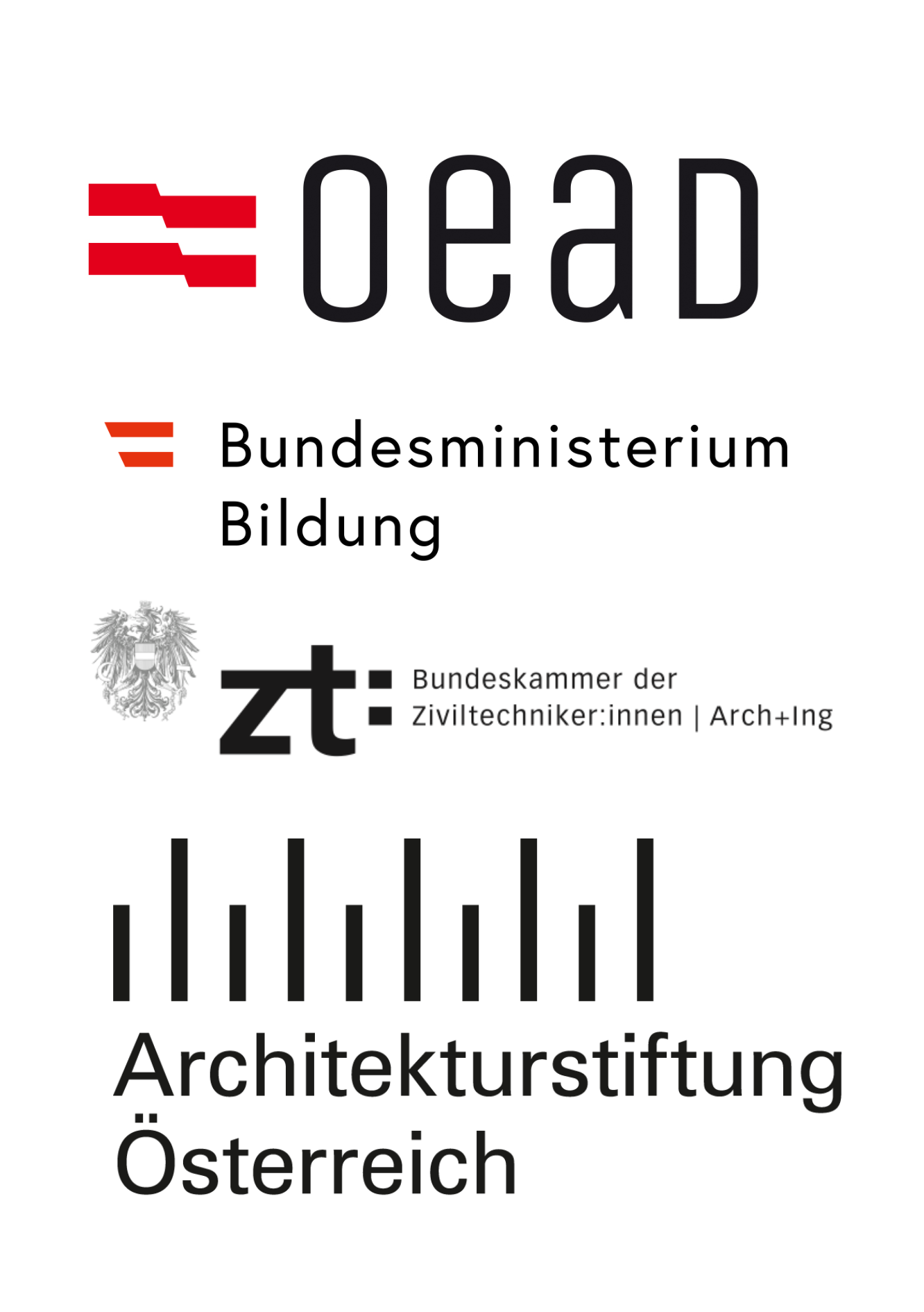 Logos OEAD, Bundesministerium Bildung, Bundeskammer der Ziviltechniker:innen, Architekturstiftung Österreich
